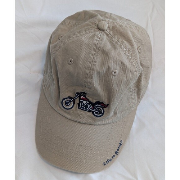 Life Is Good Motorcycle Hat Tan Khaki Cap Adjustable Strap Back Men's Cotton Cap - Picture 1 of 8